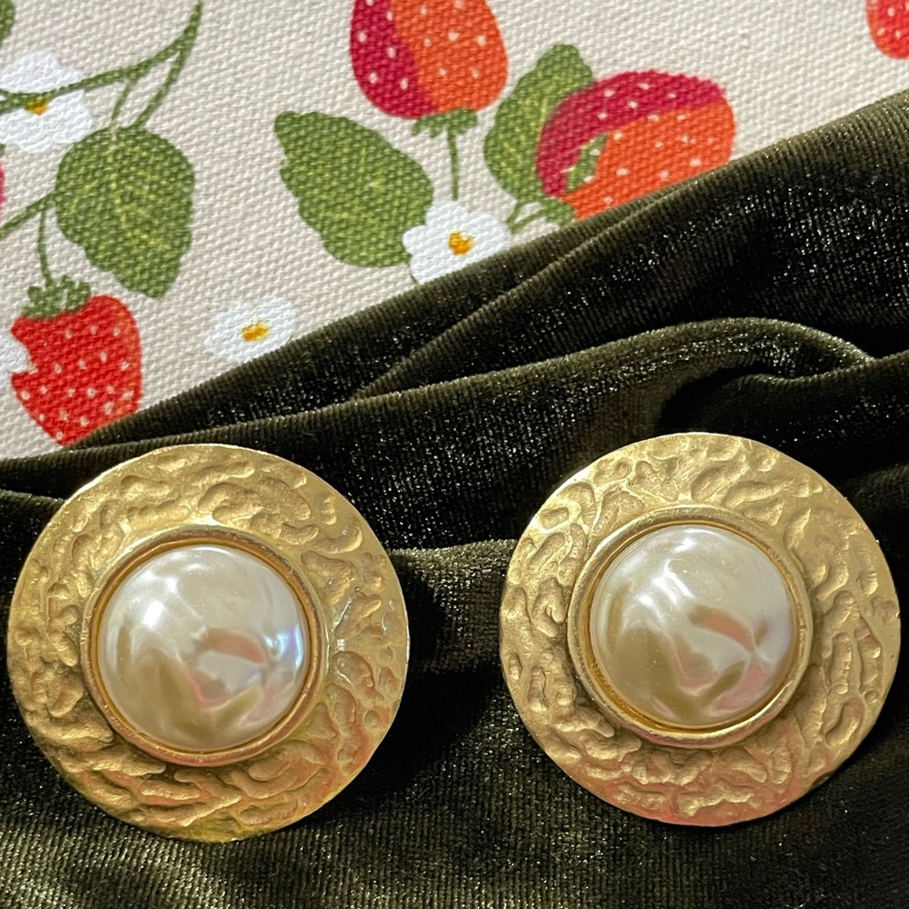 Oversized Vintage Gold and faux Pearl textured Earrings
